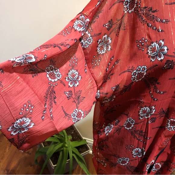 Ann Taylor Striped Floral w/Metallic Detail Kimono Open Front Light Redwood XS/S - Picture 4 of 8